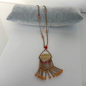 LOFT Gold Tone Beaded Fringe Statement Necklace Long 27 inch Boho Chic